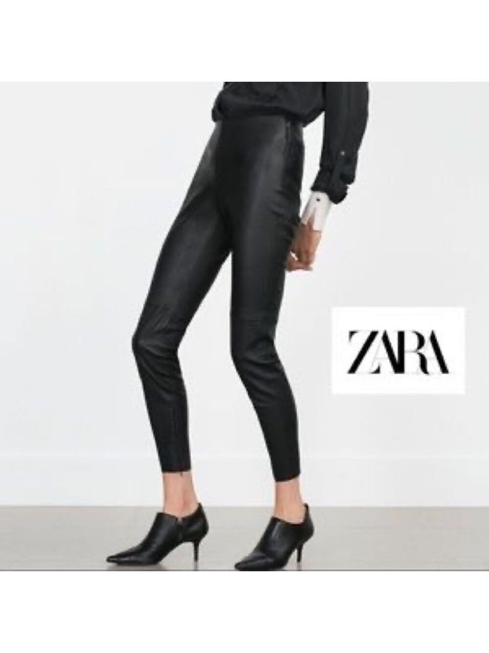 Zara black faux leather high rise leggings ankle zipper Sz S